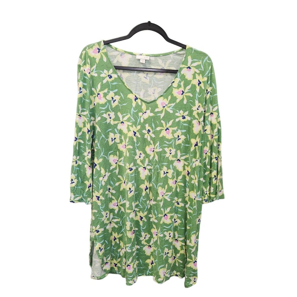 J Jill Women's XL Green Floral Long Sleeve Pullover Dress 2307